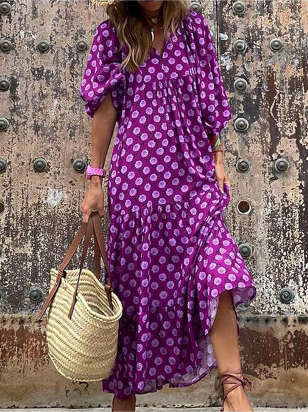 Purple Floral Tiered Maxi Dress - Picture 2 of 4